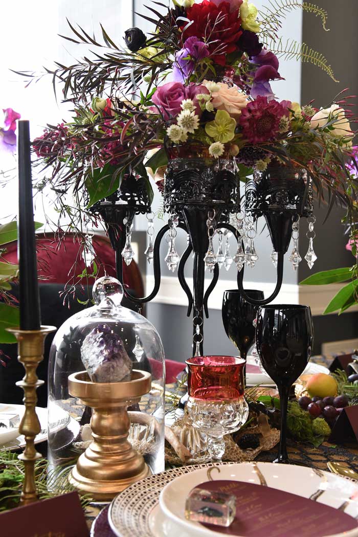 Black floral candelabra.