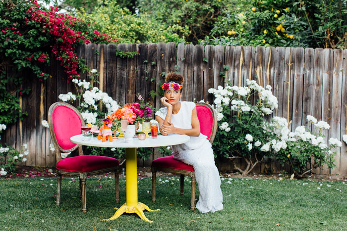 Bride at colorful sweetheart table!