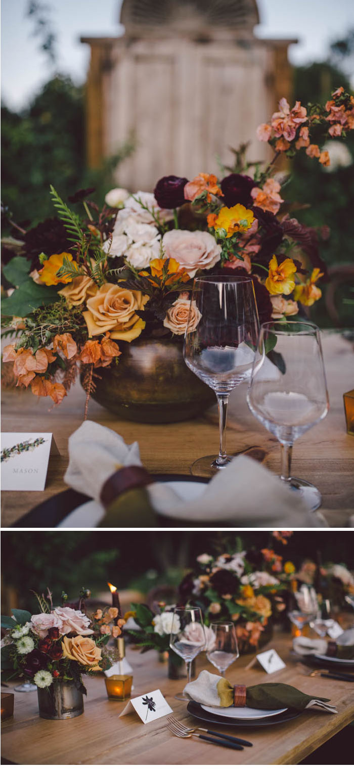 Fall floral centerpiece in rich shades of blush, apricot, berry, burgundy and gold