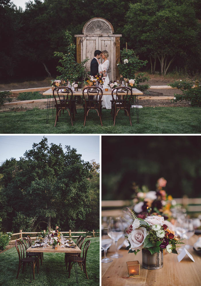 Fall Wedding Inspiration tablescape featuring blush, berry, burgundy and gold flowers