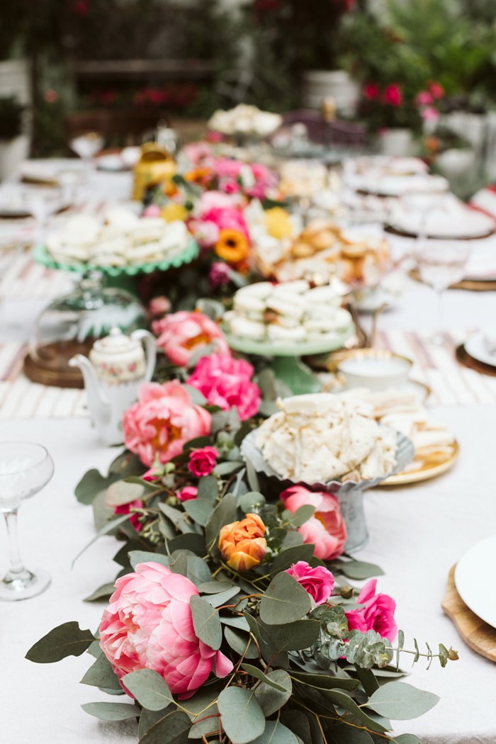 bright peony filled table garland tea party or wedding