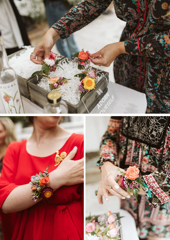 Modern Floral Jewelry, fresh flowers on brass cuffs for a modern wedding corsage