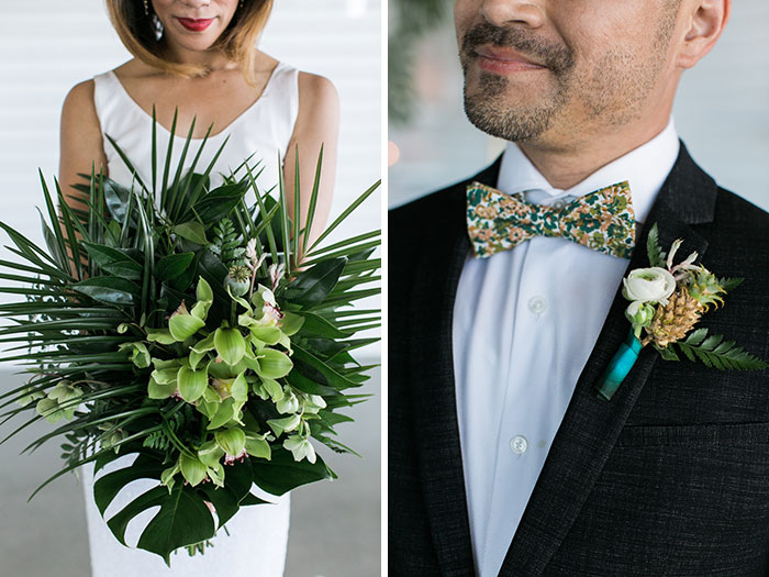 A tropical bridal bouquet and tiny pineapple boutonniere.