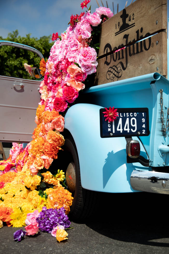 Floral installation and license plate flowers on the Don Julio Tequila truck.