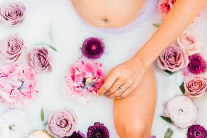 Maternity milk bath featuring lavender and pink flowers.