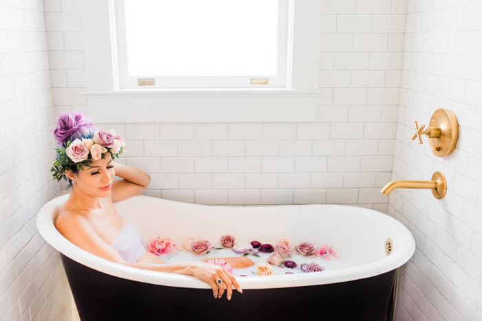 Unicorn locks, a flower crown, and a flower filled bath tub!