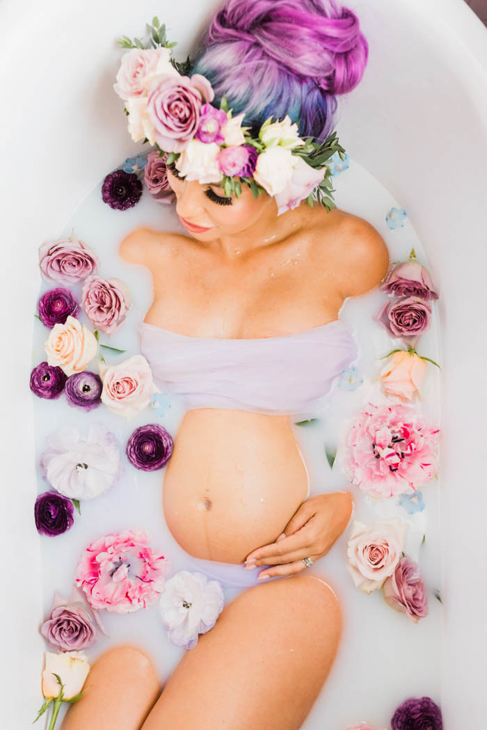 Gorgeous milk bath photography with a blush, lavender, and purple palette.