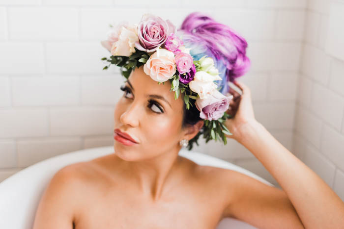 Lavender locks and a blush and lavender flower crown.