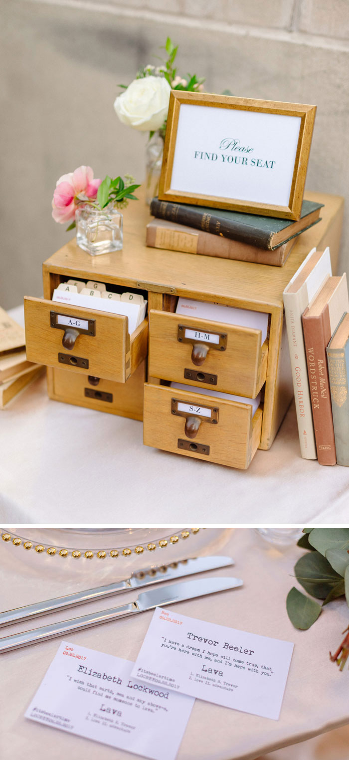 Library card catalog seating cards for romantic DTLA Library wedding.