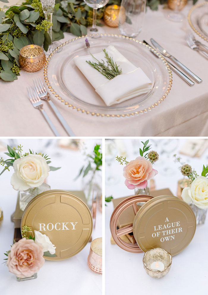 Tabletop details including fresh herb sprigs, garden roses, and film reel table names.