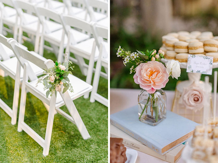 Cute aisle decor and bud vase details at a romantic DTLA Library wedding.
