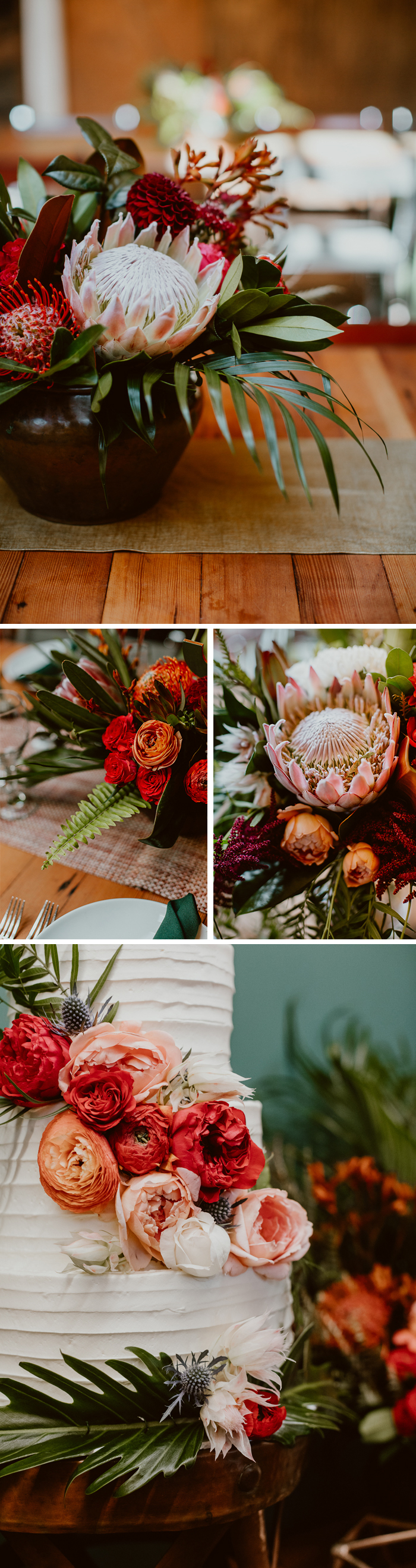 A tropical arrangement features King Protea, bold and colorful floral details in shades of red and orange, and a decadent cake with fresh florals.