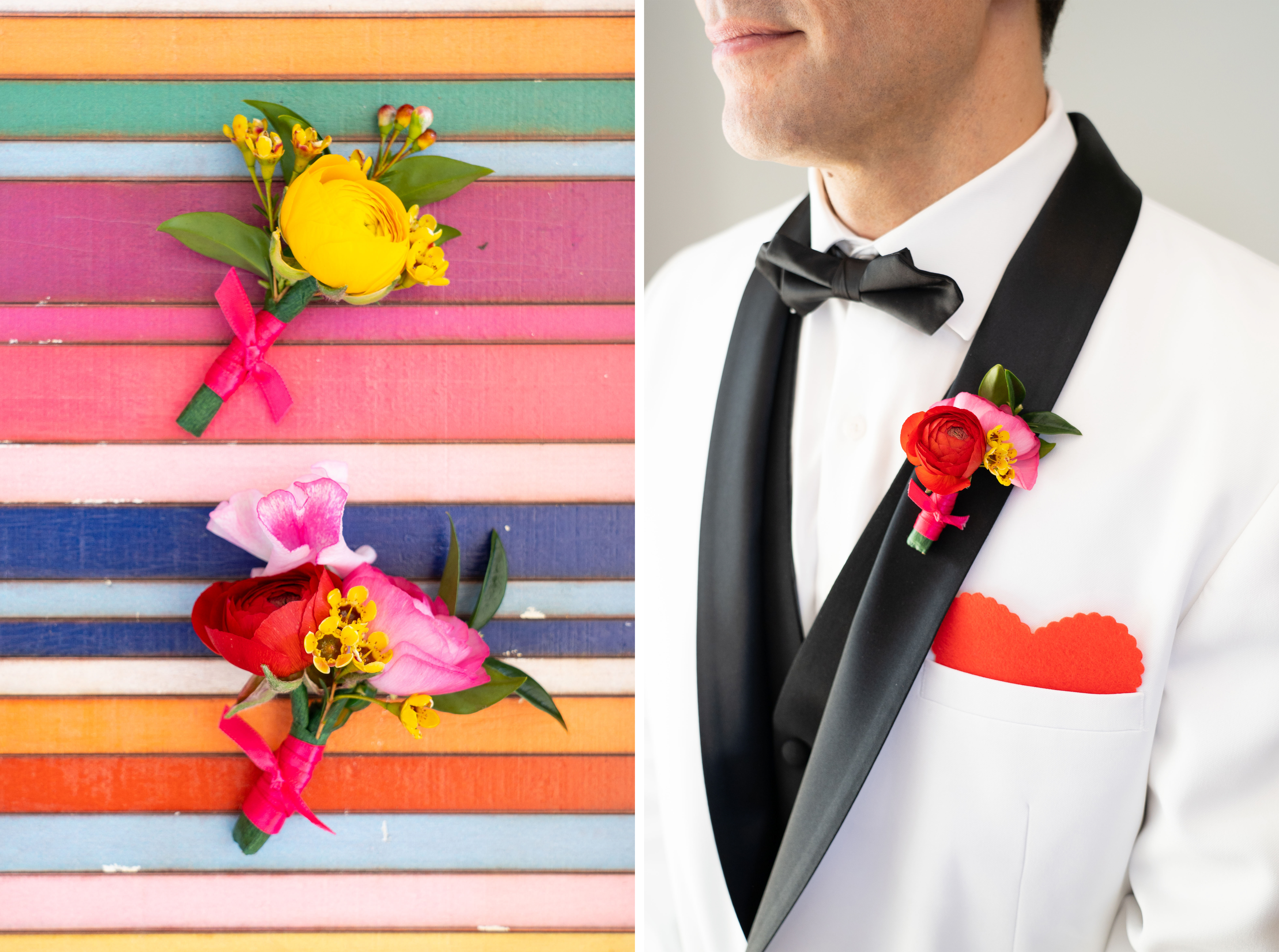 The groom in a retro white suit and black bowtie, donning a vibrant red and pink groom's boutonniere.
