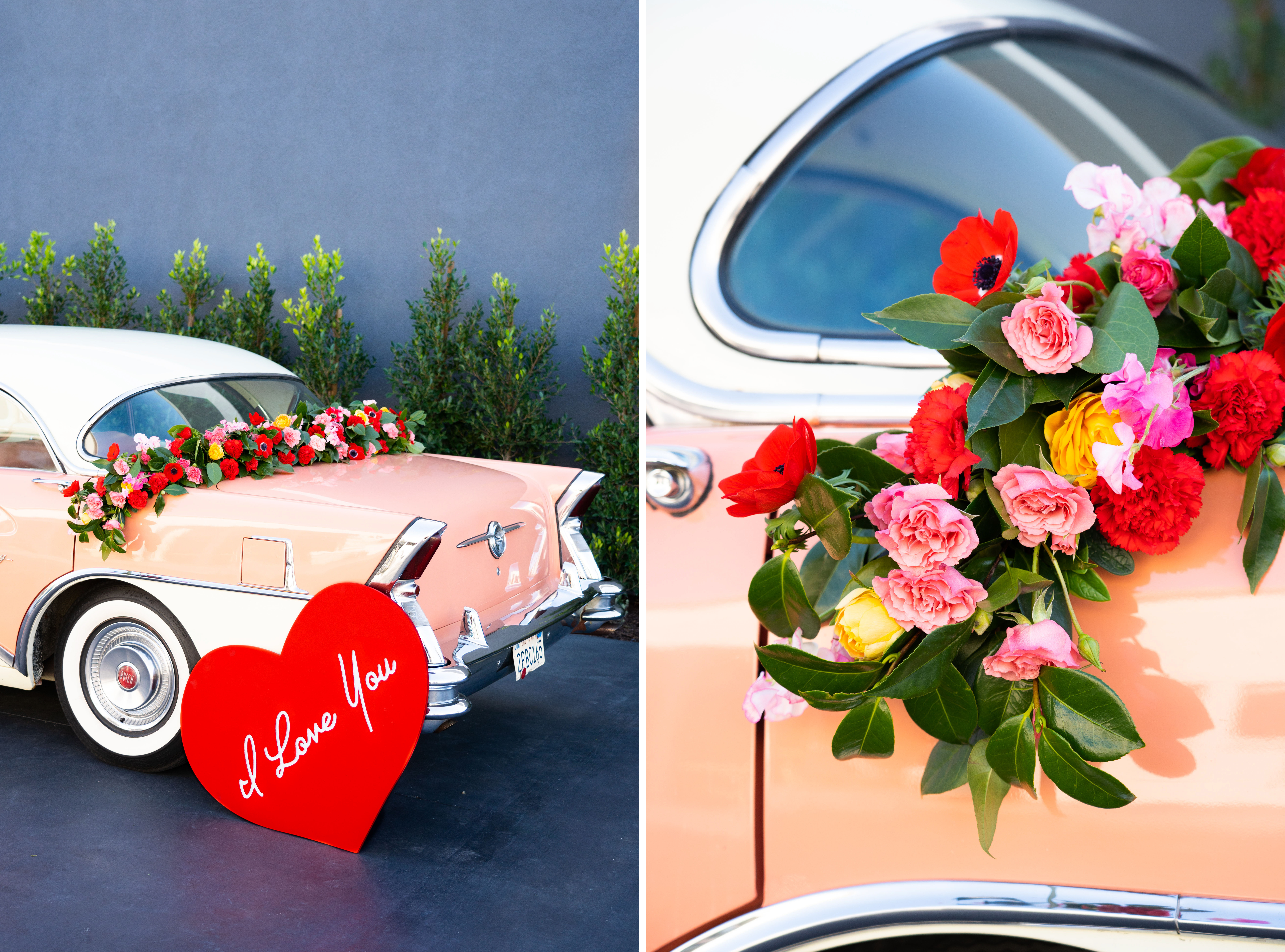 The quirky peach colored vintage getaway car adorned with a lush vibrant garland of ranunculus, roses, and anemones by Winston and Main.