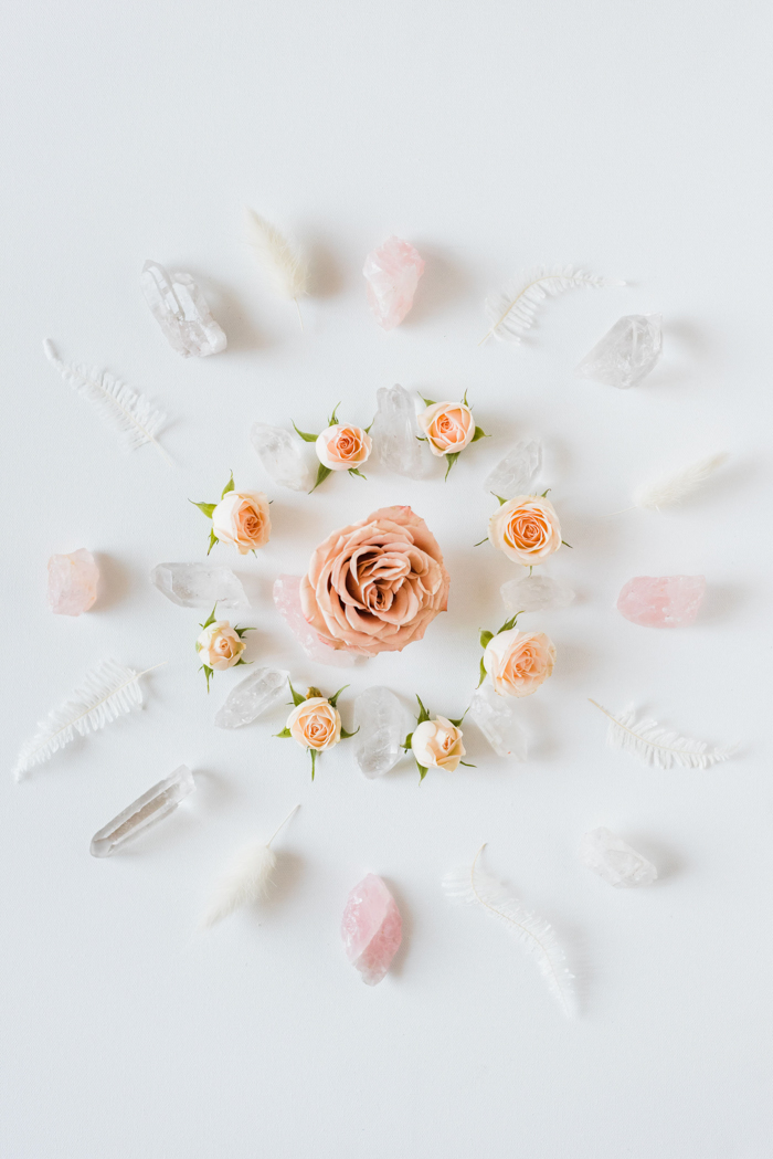 Rose quarts & crystal inspired flower mandala for whimsical wedding decor