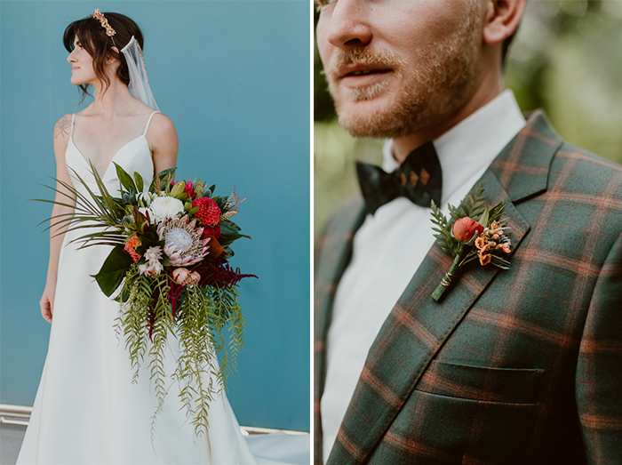 Bridal bouquet and groom's boutonniere featuring tropical flowers, garden roses and ranunculus in bold shades of red, orange, & coral. 