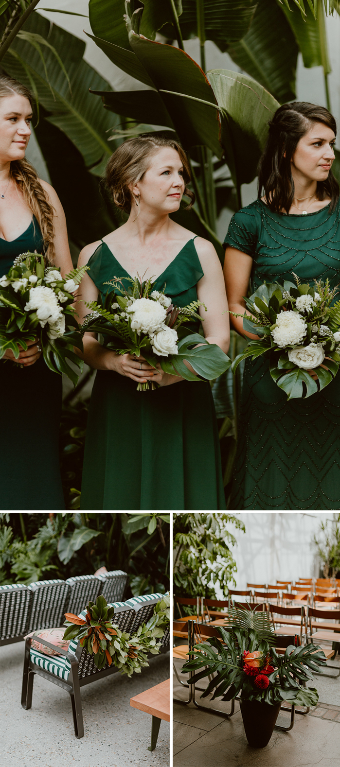 The wedding party hold modern tropical bouquets with white florals. In the other photos- the ceremony space at Valentine in DTLA is decorated with magnolia garland and large aisle pieces featuring monstera, dahlia, and anthurium in vintage copper vases. 