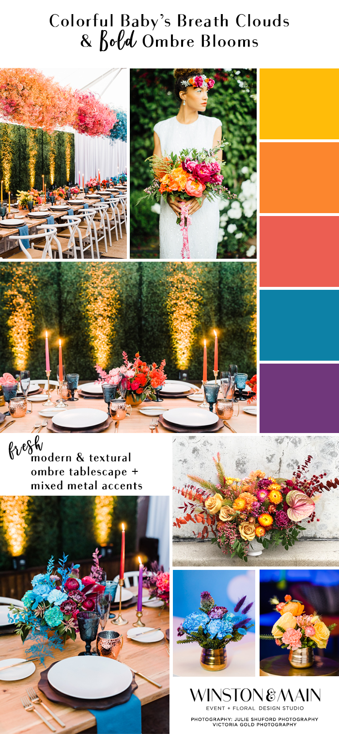 A bold, modern, and colorful mood board for your wedding, birthday or celebration featuring bold baby's breath clouds. 