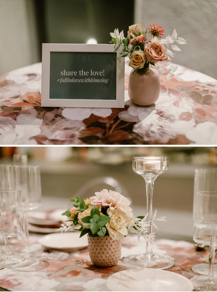 Small neutral flower arrangements featuring dahlias, carnations, and roses.