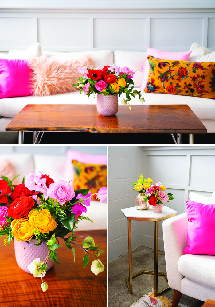 A colorful lounge set up featuring bold blooms by Winston & Main. 