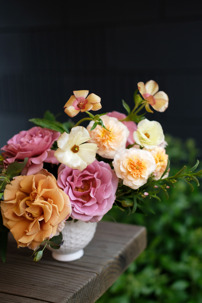 A lush arrangement featuring local and homegrown garden roses, by Tabitha Abercrombie of Winston & Main.