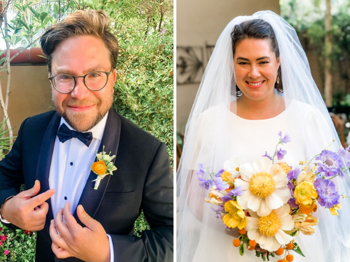 Personal Florals include a whimsical boutonniere and airy statement bouquet by Winston & Main, featuring Claire De Lune Peonies, Poppies, Ranunculus, Sweet Peas and Scabiosa in shades of lavender, orange, & yellow.