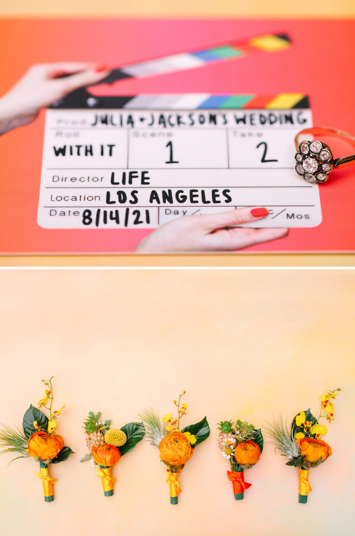 A colorful clapperboard and a line up of cheery orange boutonnieres were just a few of the colorful details for J&J's disco pop wedding.