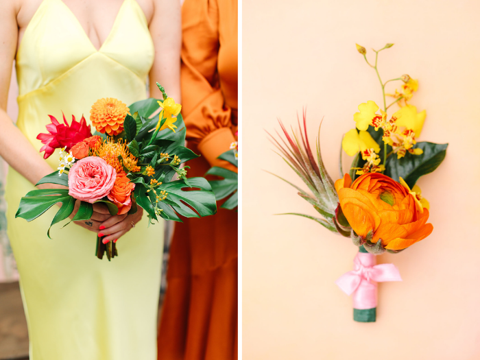 Tabitha Abercrombie of Winston & Main designed these fun wedding party blooms.  The bouquet features mini monstera, ginger, and rose and the bold boutonniere features a tiny air plant, orange ranunculus, & oncidium orchid.