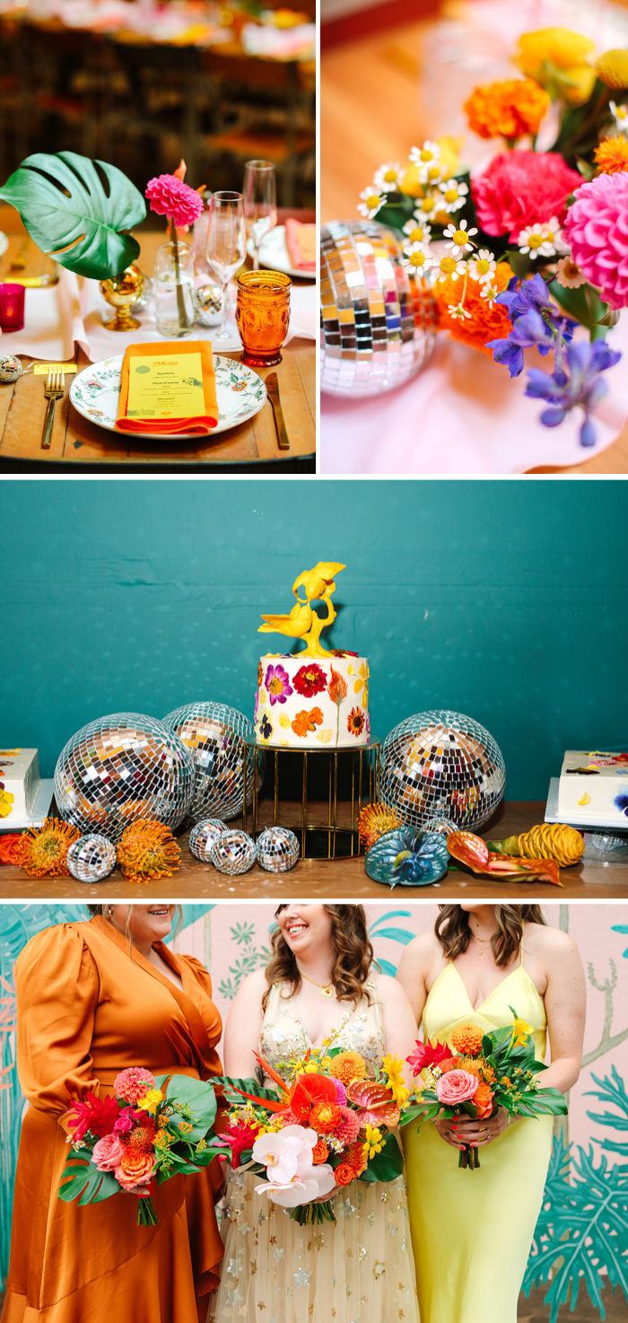 Colorful and fun details including bold florals, and a pressed-flower cake by Nicole Bakes Cakes, from J&J's colorful, tropical, disco pop wedding at Valentine in DTLA.