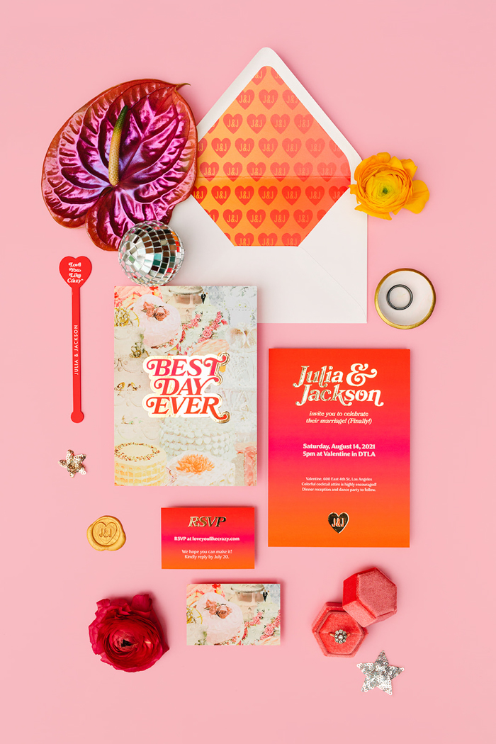 A super fun floral flat lay featuring a collection of colorful paper goods designed by our client & bride Julia Walck. 