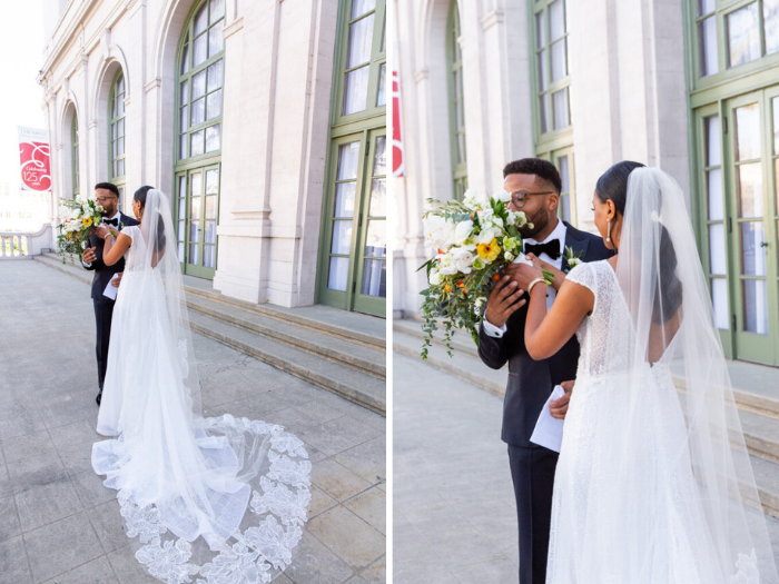 Our couple enjoying the fragrant wedding bouquet full of delicious lilac, tuberose, and orange blossom.