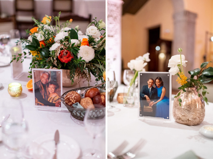 Photos celebrating Black love marked the tables instead of table numbers.