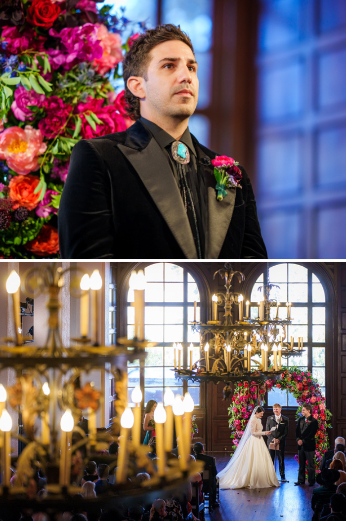 Two images of the couple's wedding ceremony, the first showing the groom waiting for his bride at the alter with a bright floral wedding arch behind him. The second is during the ceremony of the couple standing in front of the large floral arch and under beautiful and ornate chandeliers. 