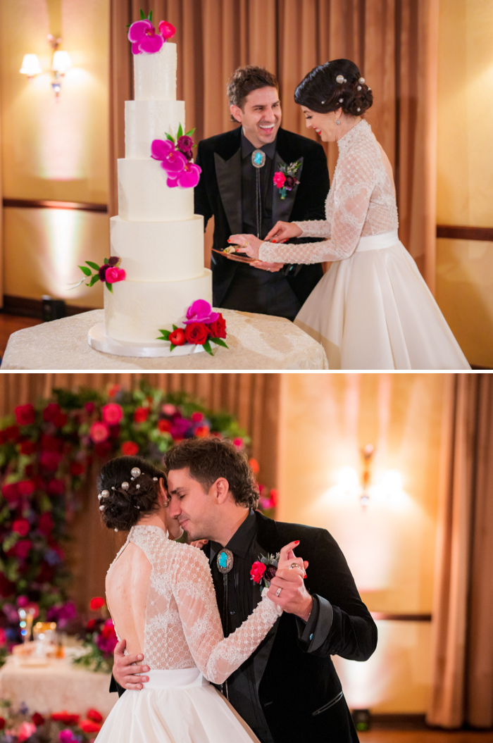 Two images of this couple enjoying their wedding day, first by cutting their 5 tier wedding cake with fresh florals and secondly by sharing a romantic first dance in front of their ceremony arch.. 