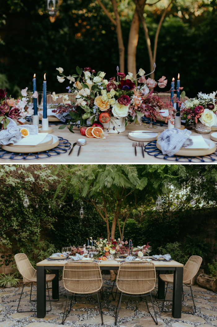 A unique floral centerpiece made for an outdoor al fresco dinner party by Los Angeles Florist Tabitha Abercrombie, and the outdoor tablescape.