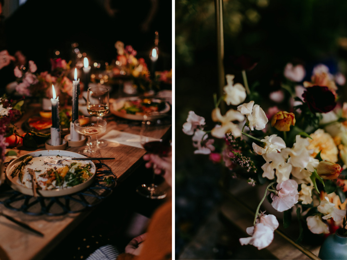 A candlelit family-style dinner featuring taper candles and close up of the centerpiece created by Tabitha Abercrombie from Winston & Main.