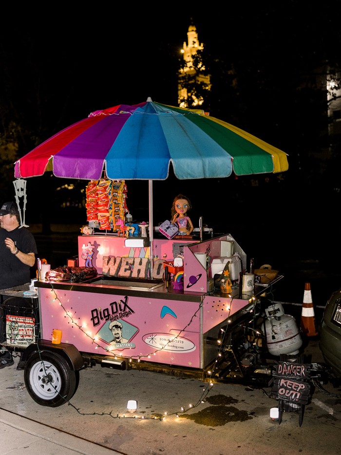 Our couple celebrated well into the night with late night wedding snacks from Big Dix Hot Dogs cute and colorful hot dog cart at The Ebell of Los Angeles. 