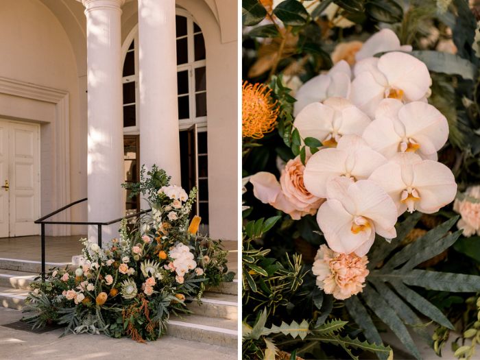 Incredible, whimsical and magical ceremony floral installation by Los Angeles Floral Designer, Winston & Main, for this California wedding at The Ebell of Los Angeles contains King Protea, Banksia, Air Plants, Orchids, Dahlias, Scabiosa, Amaranthus, Protea, Rose and more! 