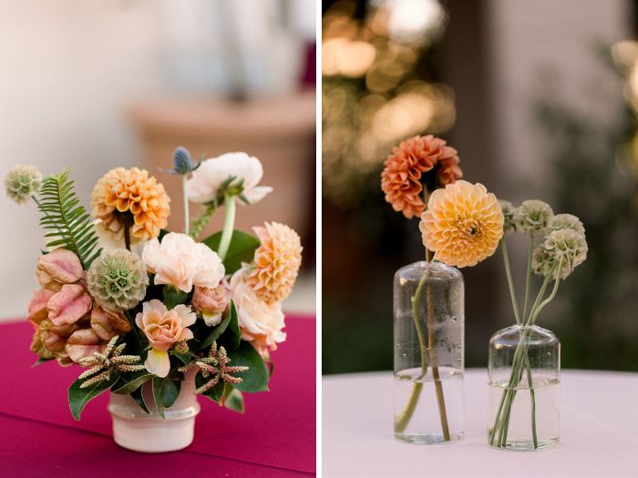 Sunset-inspired cocktail arrangements and modern bud vases filled with peach and orange dahlias and scabiosa for cocktail hour at The Ebell of Los Angeles.