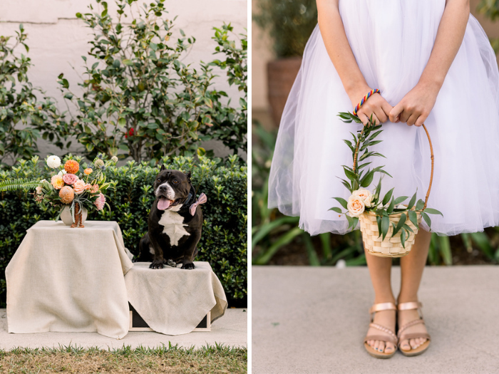 This California citrus-inspired wedding at The Ebell of Los Angeles had it all, including our couple's dog, BlackJack, and the cutest Winston & Main floral details like this flower child basket adorned with greenery and spray roses.