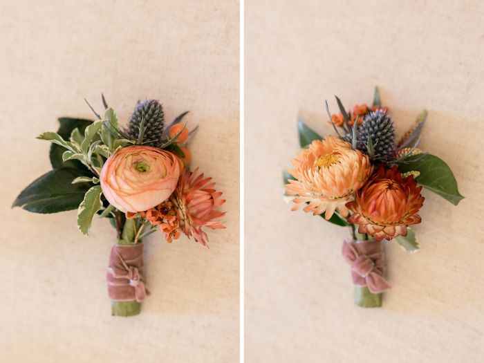 Textural boutonnieres by Los Angeles event florist, Winston & Main composed of ranunculus, spray roses, airplants, strawflower and thistle in shades of peach, corals, and orange.